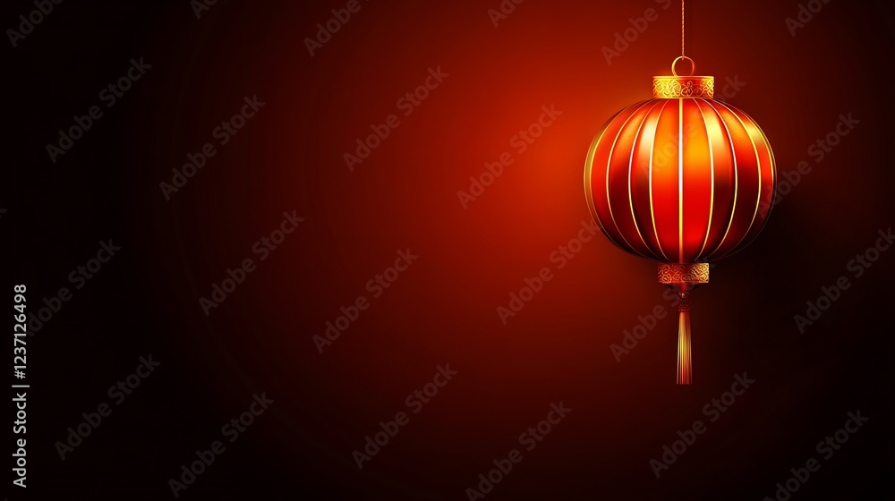 Fototapeta premium Red and gold lantern hanging against a dark red background. Festive and elegant.