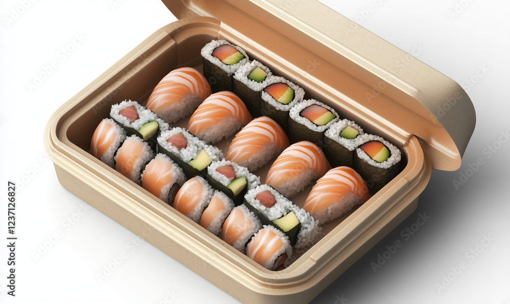 Sushi Box Open Inside with Fresh Sushi Rolls, Top View of Delicately Prepared Seafood Delight Sushi Box Open Inside with Fresh Sushi Rolls, Top View of Delicately Prepared Seafood Delight