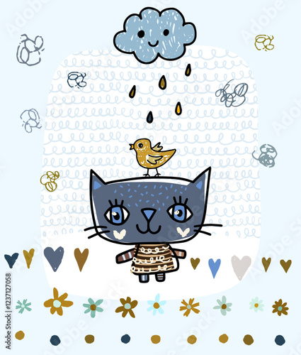 Cute hand drawn doodle cat, bird and cloud with hearts, flowers, dots and raindrops in blue, grey and brown colors