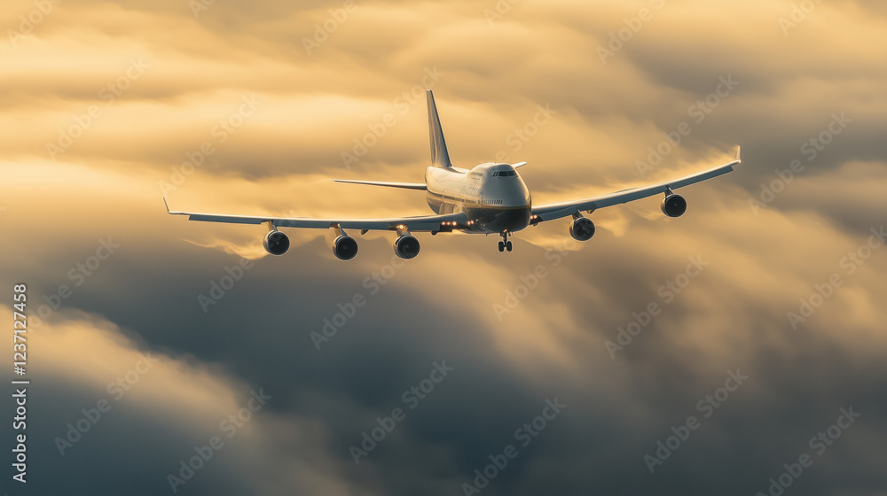 Obraz premium Boeing 747 Flying in the Early Morning, Surrounded by Blurred Clouds and Soft Sunlight Creating a Warm and Serene Atmosphere
