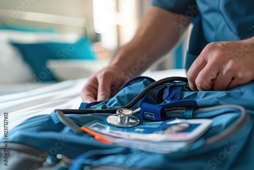 Healthcare Preparation: Stethoscope and ID Badge Packed with Scrubs in Bright Bedroom Setting photo