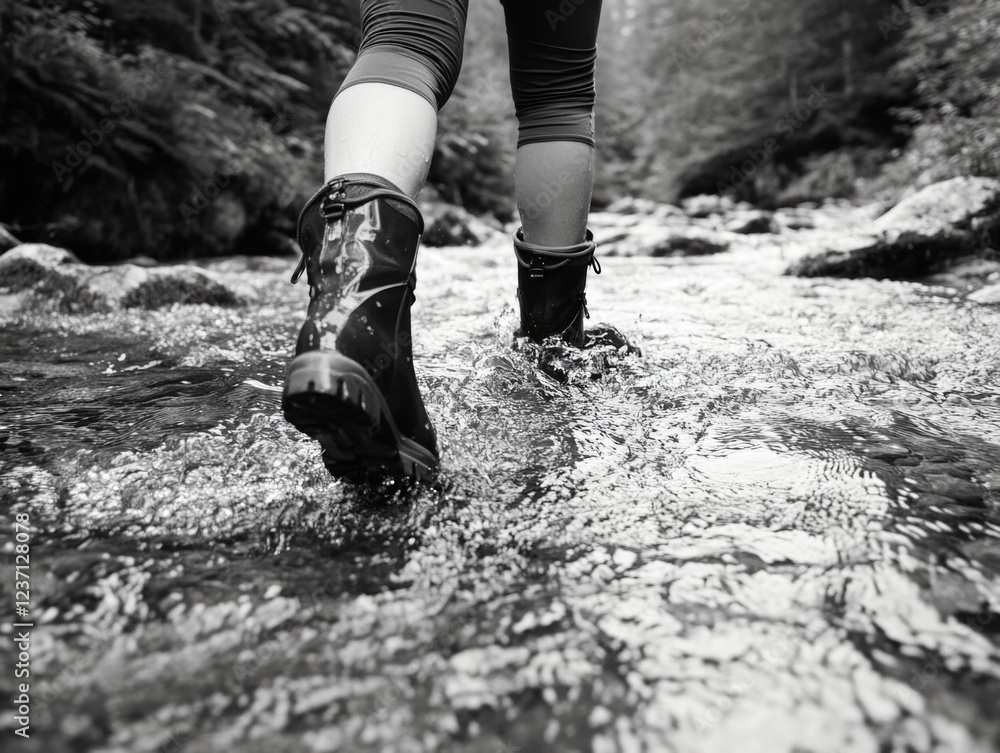 Walking through stream in boots, hiking adventure on muddy trail. Walking through stream in boots, hiking adventure on muddy trail.