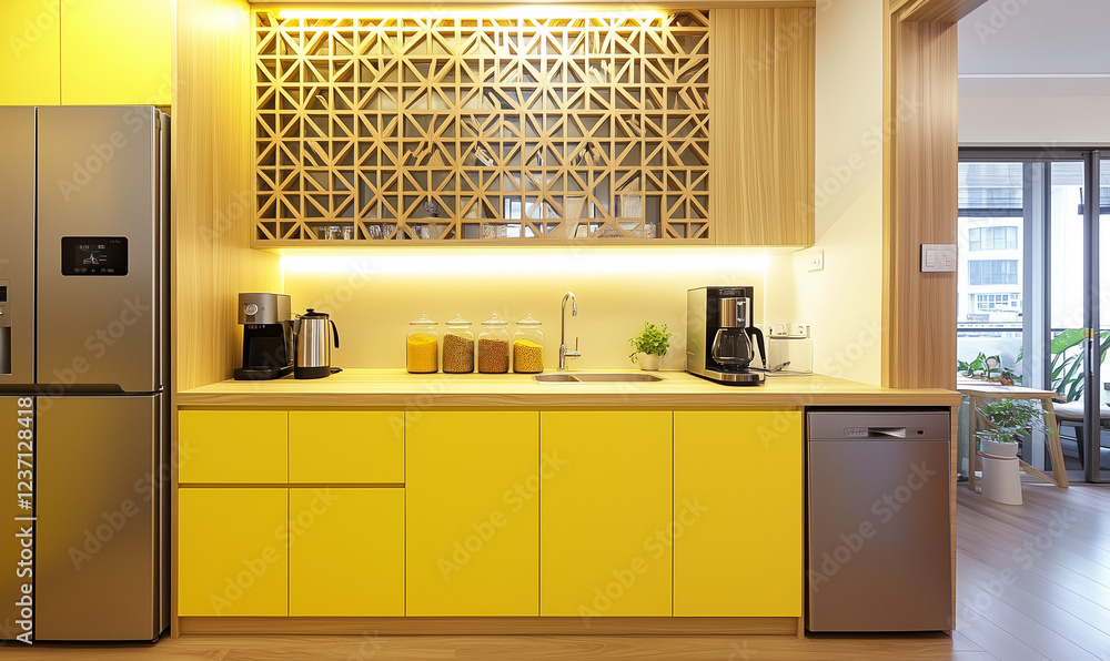 Valokuva A Compact Yet Stylish Kitchen Setup in a Modern Apartment, Featuring Practical D
