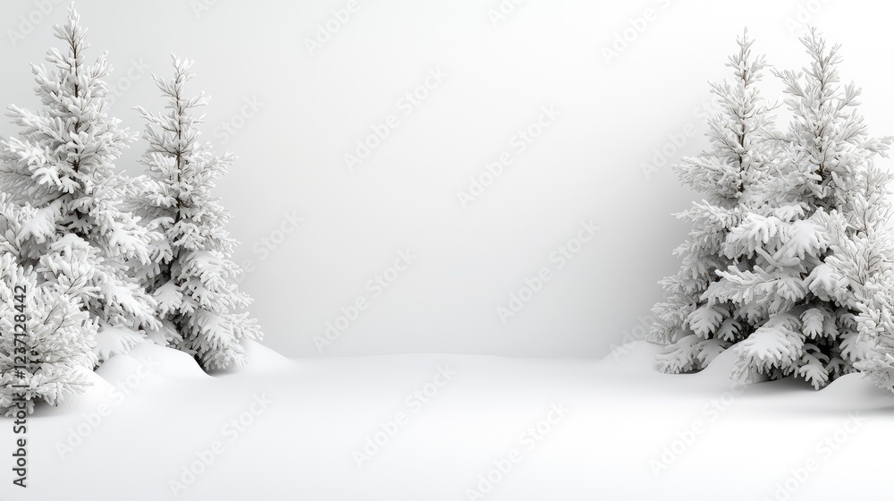 Fototapeta premium Snow-covered pine trees stand on a clean white winter background.