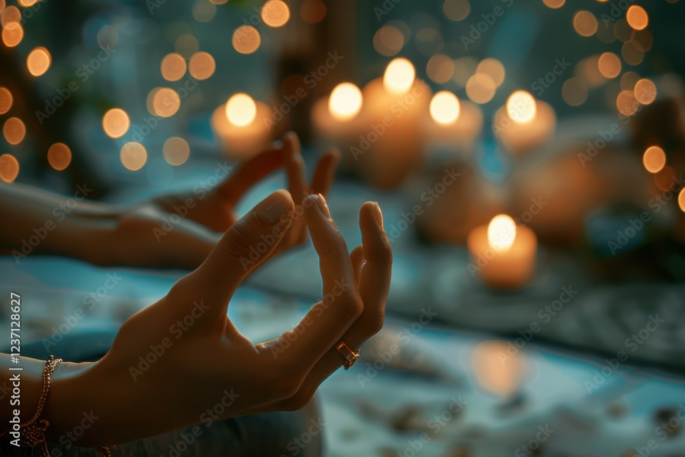 Obraz premium Meditation Serenity: Hands in Mudra with Candlelit Ambience for Tranquil Design