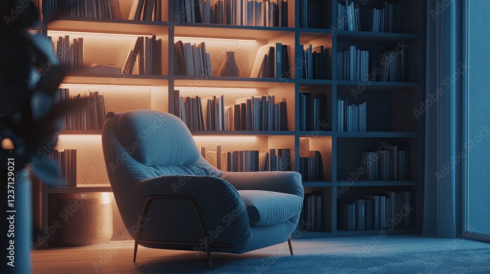 Serene Evening Reading Nook With Comfortable Chair And Bookshelves Serene Evening Reading Nook With Comfortable Chair And Bookshelves