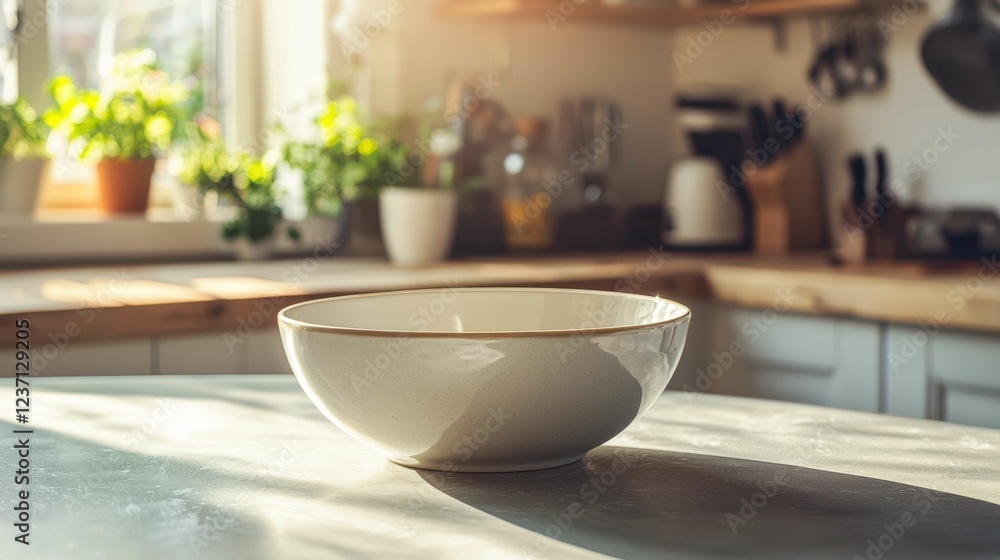 Empty White Bowl on Kitchen Table with Sunlight and Green Plants Empty White Bowl on Kitchen Table with Sunlight and Green Plants