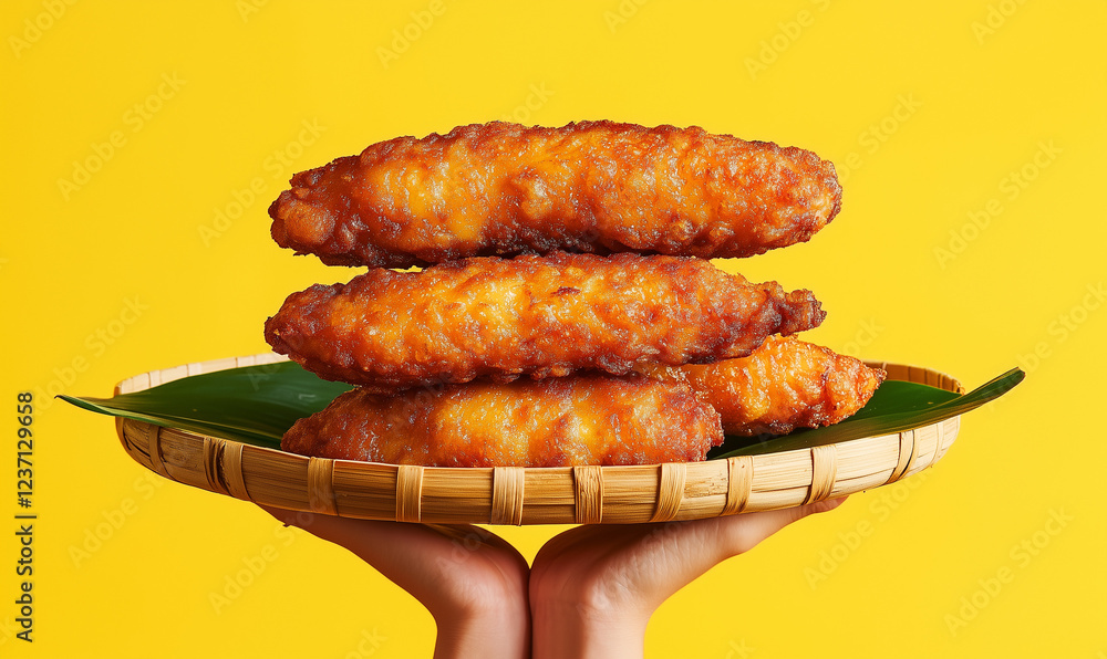 Φωτογραφία Pisang Goreng on a Bamboo Tray Held Up High, Featuring Warm and Crispy Malaysian