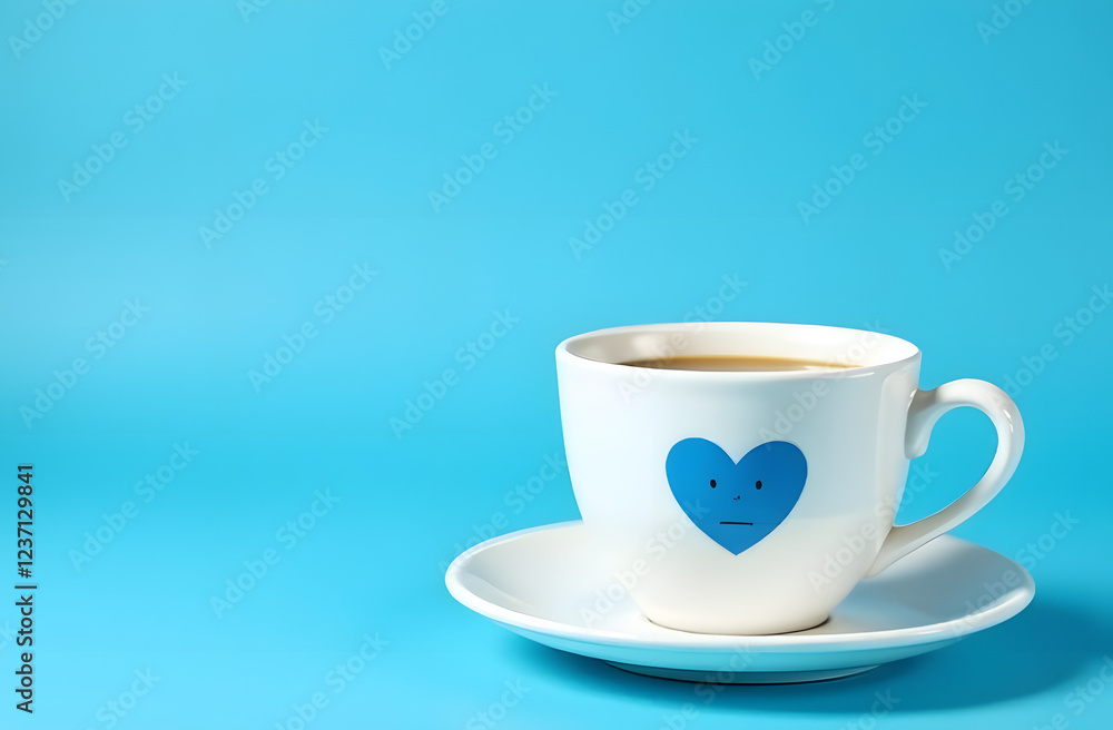 Blue monday, white tea cup with sad smiley, white cup on blue background Blue monday, white tea cup with sad smiley, white cup on blue background