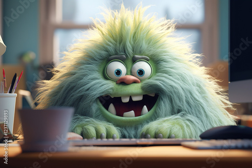 Freelancer monster at workspace, person with shaggy hairstyle and joyful surprised expression in home office. Concept of online work, training, study, support, consultation photo