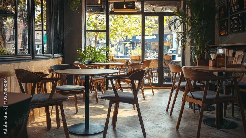 Fototapeta premium Cozy Modern Cafe Interior with Natural Light and Wooden Furniture