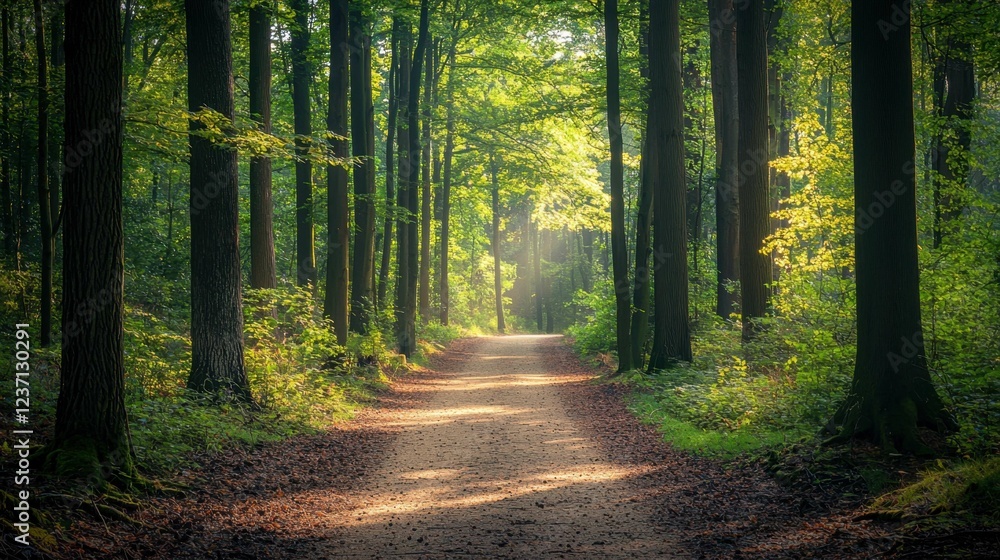 Obraz premium Serene Forest Pathway Surrounded by Lush Green Trees and Sunlight