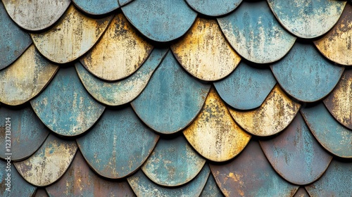 Wallpaper Mural Textured Metal Roof with Overlapping Scales in Blue and Gold Tones Torontodigital.ca