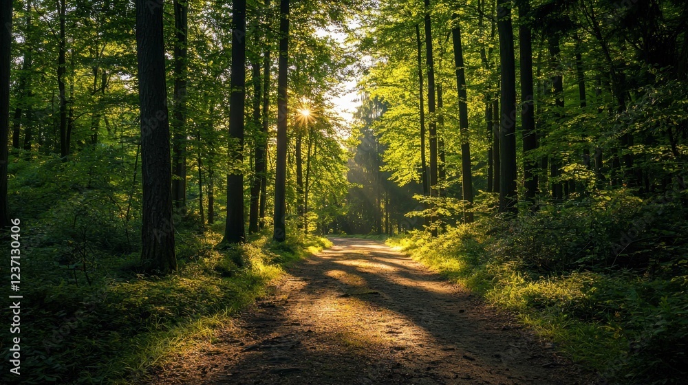 Obraz premium Sunlight Filters Through Trees in a Serene Forest Pathway