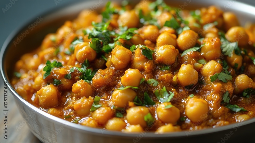A bowl of food with chickpeas and parsley. The bowl is silver and filled with a delicious looking dish