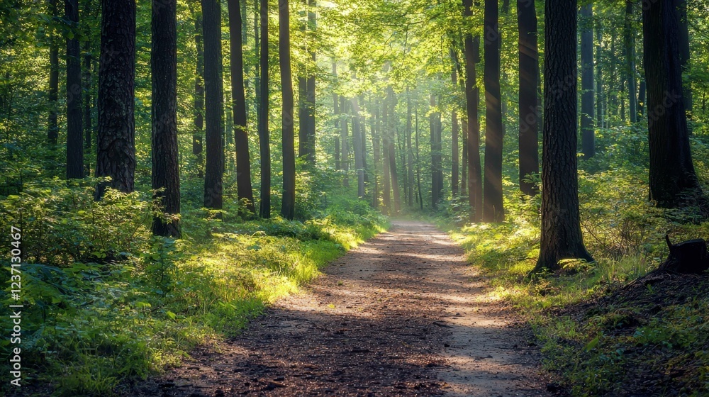 Fototapeta premium Serene Forest Pathway with Soft Sunlight Filtering Through Trees