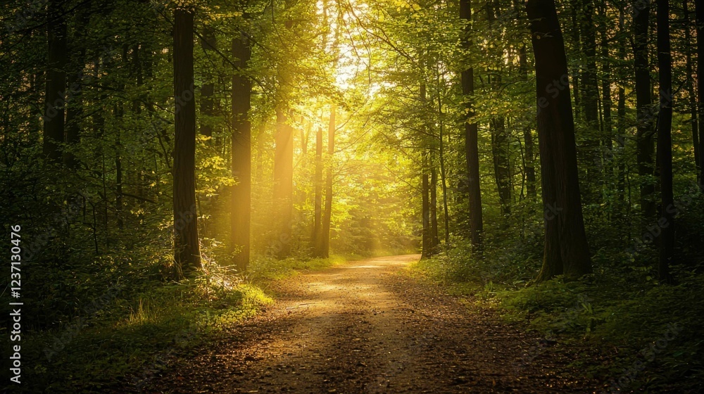 Obraz premium Serene Forest Pathway with Sunlight Illuminating the Landscape