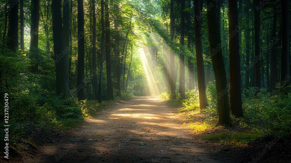Obraz premium Sunlight Breaking Through Trees in a Peaceful Forest Pathway
