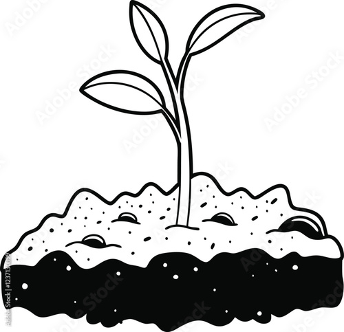 A young plant sprout emerging from the soil. Simple, stylized illustration of a green plant sprout emerging from an orange mound of soil.