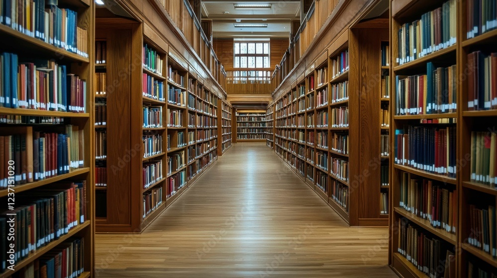 Serene Library Interior with Tall Bookshelves and Warm Lighting Serene Library Interior with Tall Bookshelves and Warm Lighting