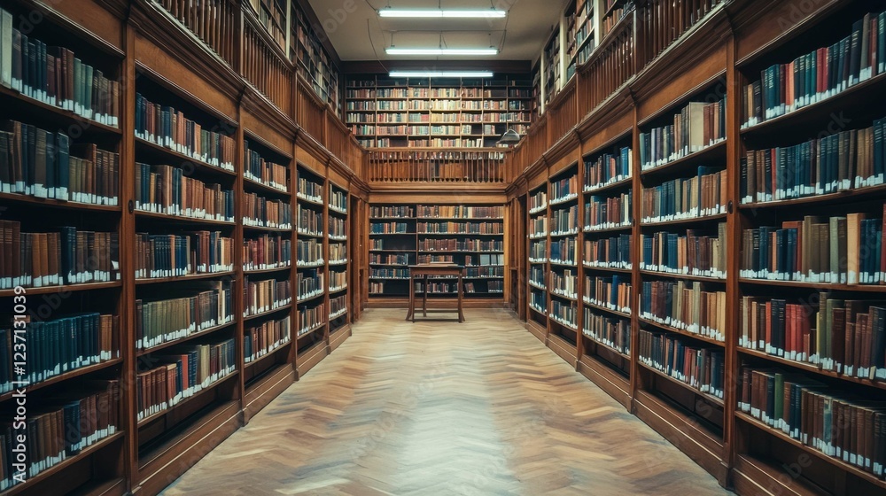 Obraz premium Serene Library Interior with Wooden Shelves and Abundant Books