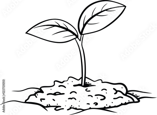 A young plant sprout emerging from the soil. Simple, stylized illustration of a green plant sprout emerging from an orange mound of soil.