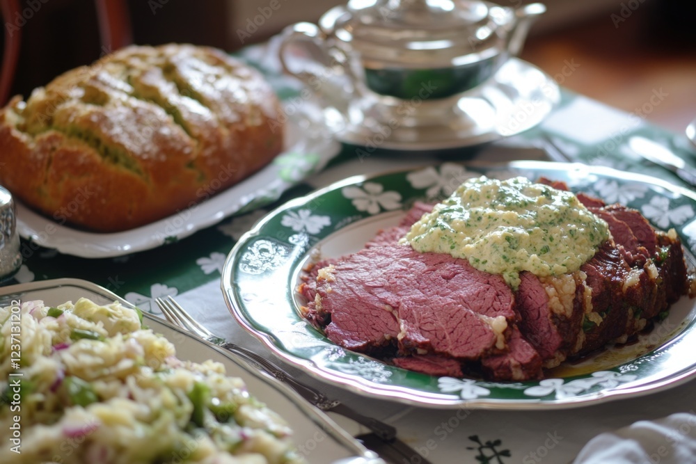A table with a green and white tablecloth and a plate of meat with a green sauce on it A table with a green and white tablecloth and a plate of meat with a green sauce on it