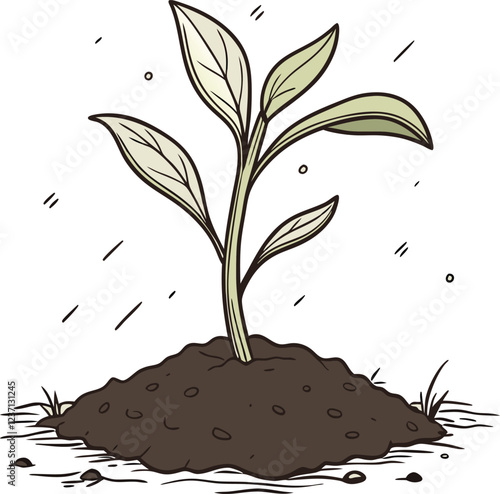 A young plant sprout emerging from the soil. Simple, stylized illustration of a green plant sprout emerging from an orange mound of soil.