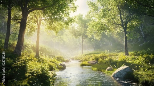 Sunlit Stream Flows Through Lush Green Forest