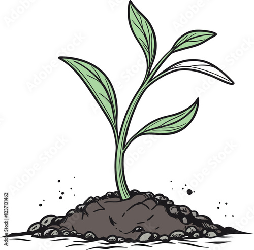 A young plant sprout emerging from the soil. Simple, stylized illustration of a green plant sprout emerging from an orange mound of soil.