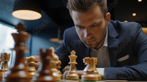 Chess Champion's Winning Move in Modern Tournament Room for Strategy and Competition Themes photo