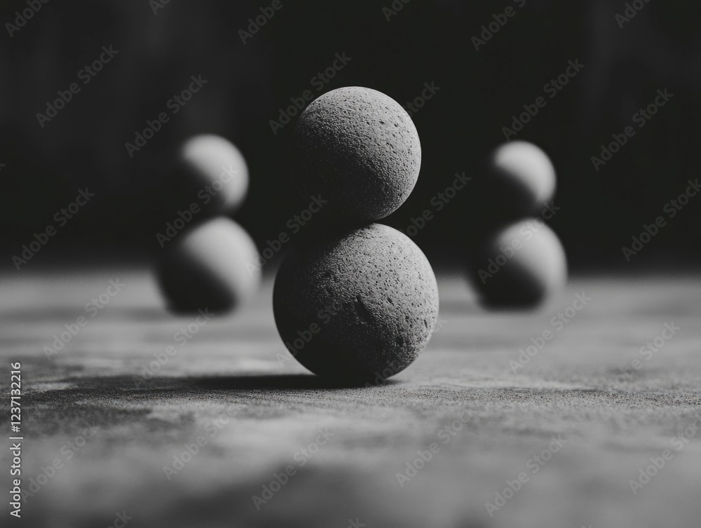 Black and white photo of spheres balanced in concentric circles, symbolizing peace and simplicity. Black and white photo of spheres balanced in concentric circles, symbolizing peace and simplicity.