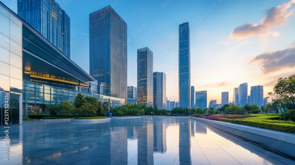 Obraz premium Urban Skyline at Dusk with Reflections on Paved Surface