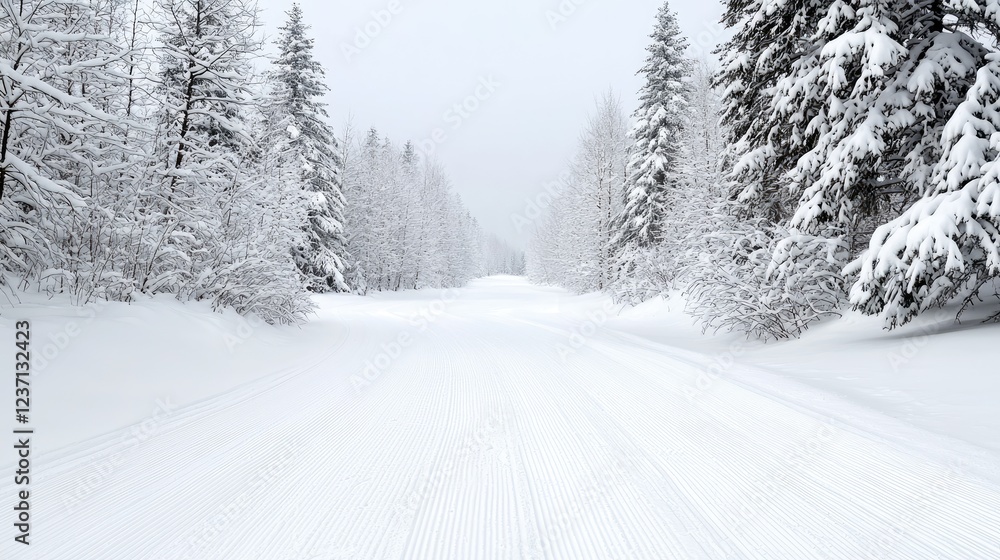 Obraz premium Snowy cross-country ski trail through winter forest