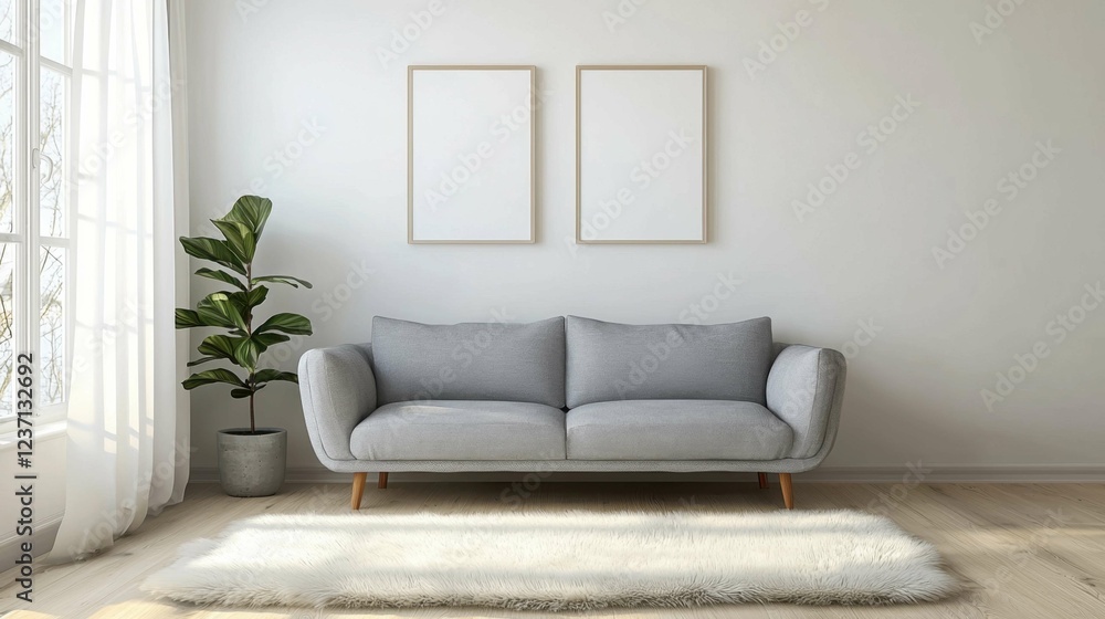 Fototapeta premium Modern minimalist living room with empty frames and plant
