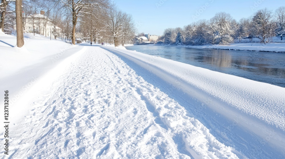 Snowy river path, winter landscape, footprints, trees Snowy river path, winter landscape, footprints, trees