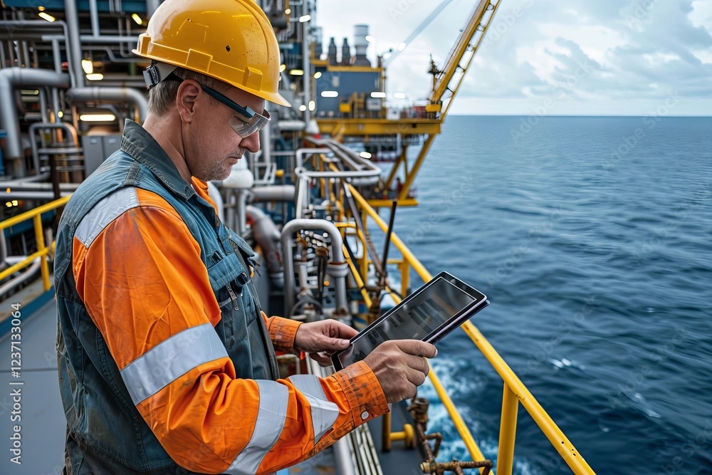 Senior Caucasian male engineer using tablet to inspect machinery on offshore oil platform in the open ocean.