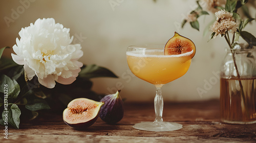 A refreshing fig-infused cocktail garnished with a fig slice, presented alongside fresh figs and peonies.