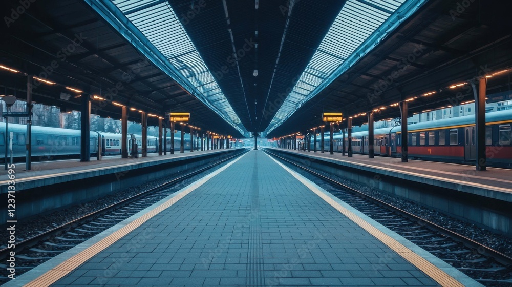 Tranquil Railway Station with Empty Platforms and Train Tracks Tranquil Railway Station with Empty Platforms and Train Tracks