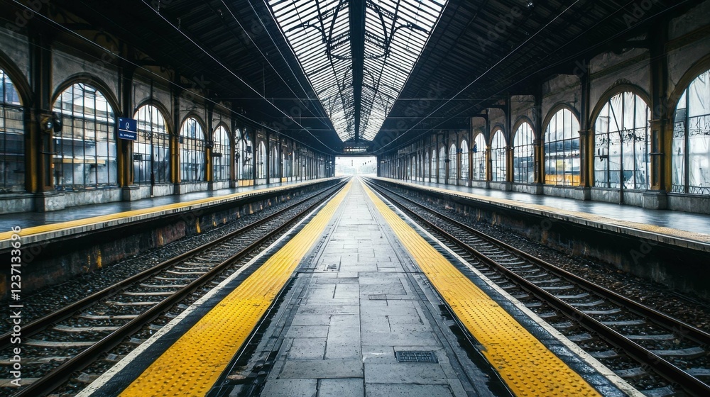 Empty Train Station Interior with Platform and Arched Windows Empty Train Station Interior with Platform and Arched Windows