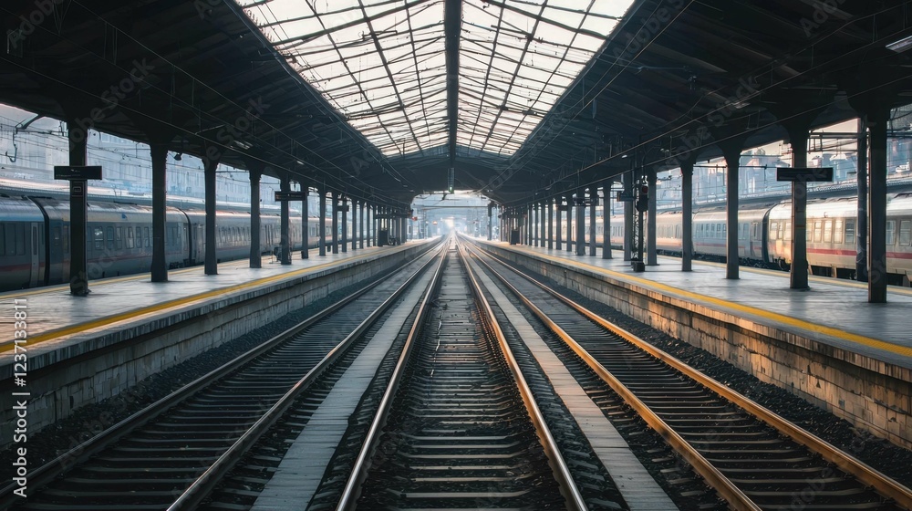 Empty Train Station Tracks Leading Into the Distance at Sunrise Empty Train Station Tracks Leading Into the Distance at Sunrise