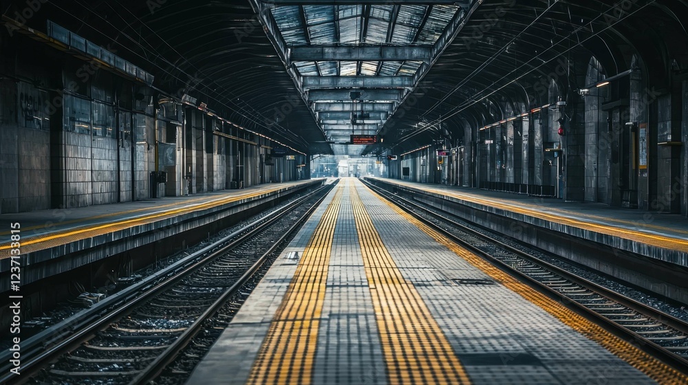 Empty Railway Station Platform with Tracks and Overhead Structure Empty Railway Station Platform with Tracks and Overhead Structure