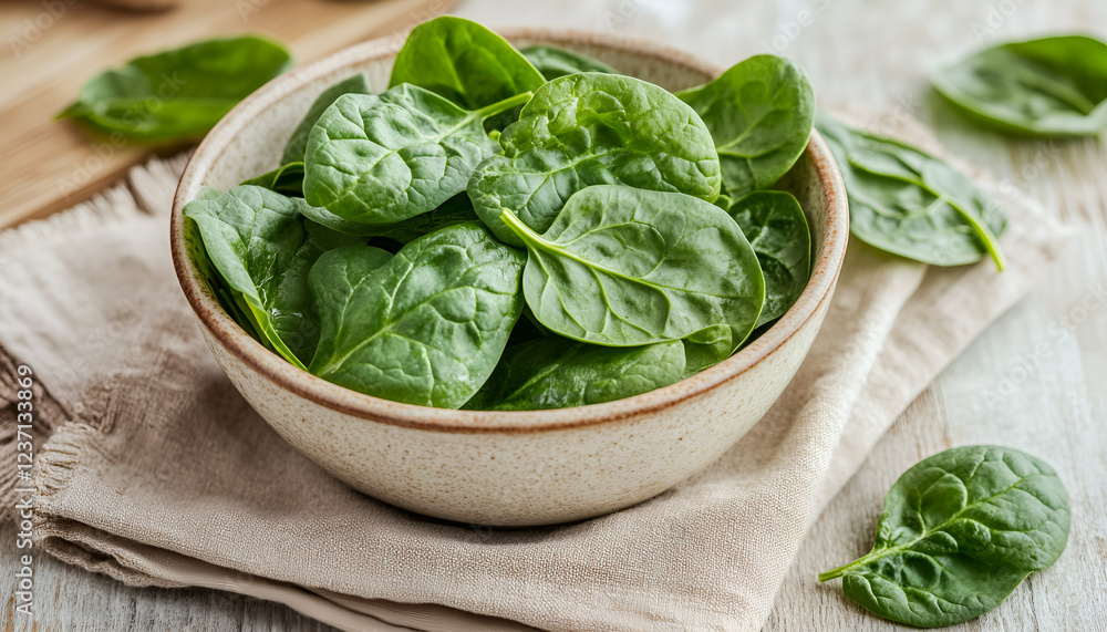 Fresh green spinach leaves on a wooden table. Selective focus Fresh green spinach leaves on a wooden table. Selective focus