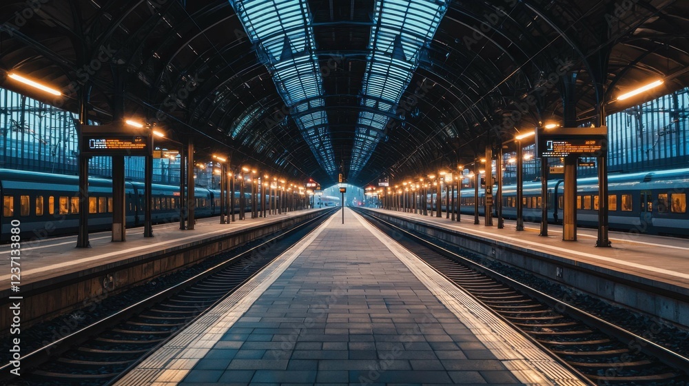 Tranquil Train Station Interior with Symmetrical Design and Lights Tranquil Train Station Interior with Symmetrical Design and Lights
