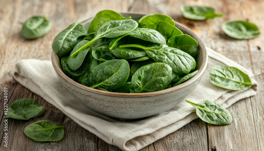 Fresh green spinach leaves on a wooden table. Selective focus Fresh green spinach leaves on a wooden table. Selective focus