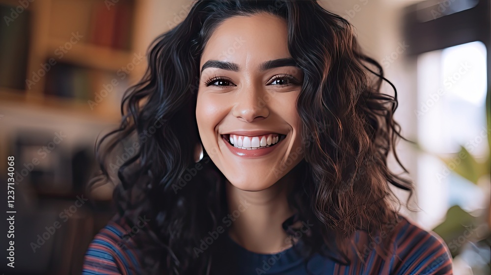 Screen view of a happy millennial Hispanic woman looking at the camera during an online digital conference, smiling on a video call Screen view of a happy millennial Hispanic woman looking at the camera during an online digital conference, smiling on a video call