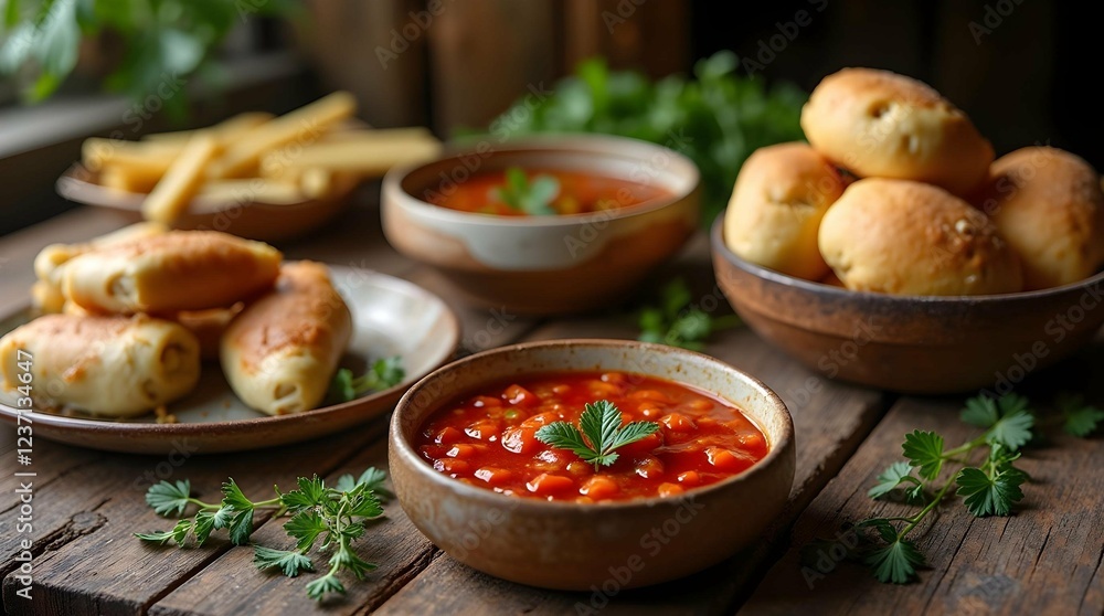 A rustic meal with bean soup, rolls, and fries on a wooden table A rustic meal with bean soup, rolls, and fries on a wooden table