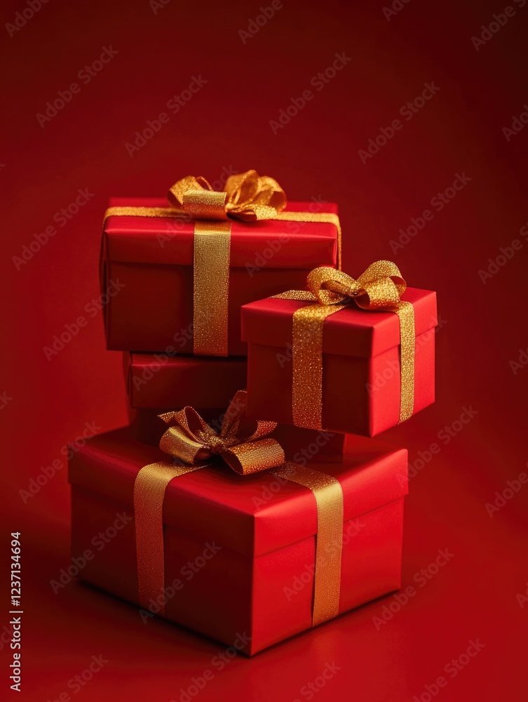Fototapeta premium Christmas present stack against red backdrop with gold ribbons.