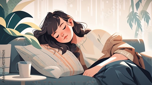 Sleepy young woman resting on a grey sofa at home, enjoying calm leisure and relaxation, dealing with insomnia or sleep disorder