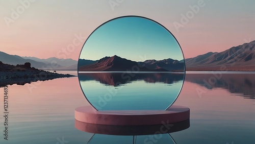 Mirror reflect water over podium moddle of a  lake photo